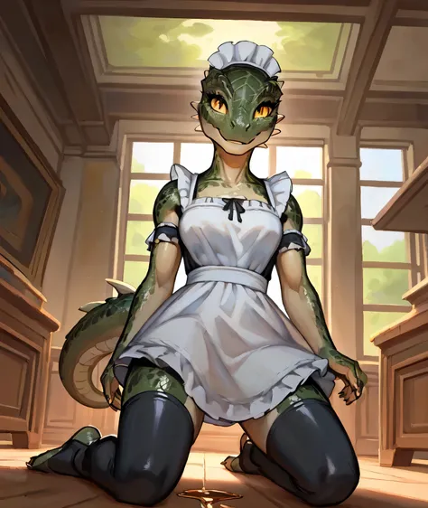 [Lusty argonian maid], ((masterpiece)), ((HD)), ((high res)), ((solo portrait)), ((low angle view)), ((feet visible)), ((beautiful oil painting)), ((detailed shading)), ((intricate details)), {(attractive argonian), (toned slim figure), (green scaly skin),...