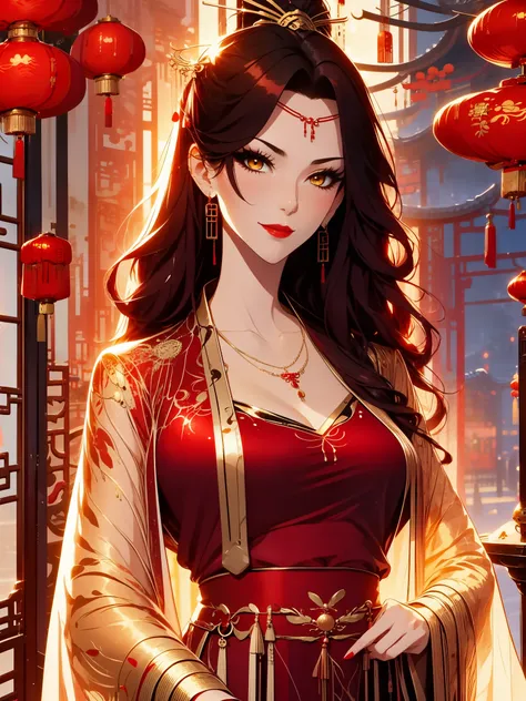 score_9, score_8_up, score_7_up, score_6_up, score_5_up, score_4_up, Xian Mei, golden eyes, red curly hair, tied hair, hair in a bun, hairpin, traditional Chinese red wedding dress, necklace, dangling earrings, long earrings, red lipstick, detailed eyes, t...