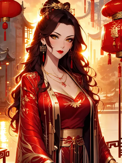 score_9, score_8_up, score_7_up, score_6_up, score_5_up, score_4_up, Xian Mei, golden eyes, red curly hair, tied hair, hair in a bun, hairpin, traditional Chinese red wedding hanfu dress, necklace, dangling earrings, long earrings, red lipstick, detailed e...
