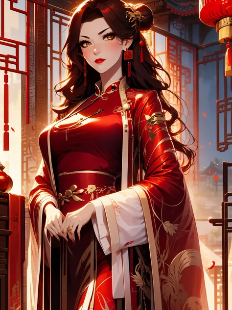 score_9, score_8_up, score_7_up, score_6_up, score_5_up, score_4_up, Xian Mei, golden eyes, red curly hair, tied hair, hair in a bun, hairpin, traditional Chinese red wedding hanfu dress, Yourqipao Red Embroidery Chinese Xiuhe Hanfu Womens Satin Cheongsam ...