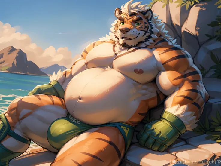 hombretigre, alone, (soft shading), 4k, anything, ((detailed face, detailed eyes, detailed)), (whole body), by Zackary911, by zaush, (by personal:0.5), muscular, muscular male, alone, (CHUBBY), stomach, green eyes, pose, smile, 1 guy, Big belly, nipples, g...