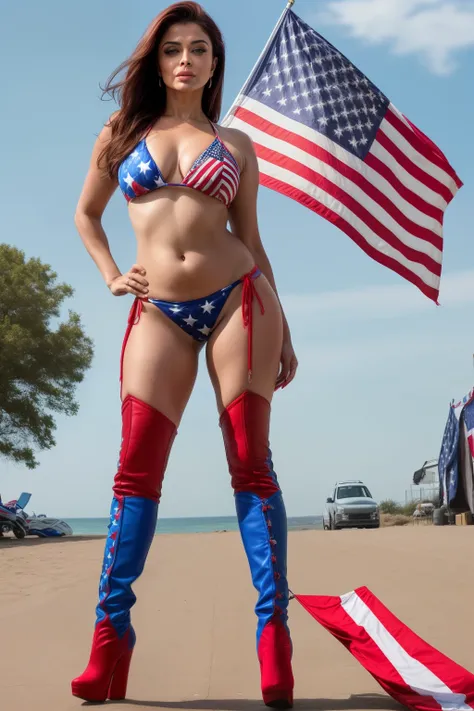 Full body photo of SEXY 50YO MATURE MILF AISHWARYA RAI as MILF MADNESS MODEL, (ponytail tied hair), ((red and blue US flag bikini)), ((high boots)), (((seductive pose outdoors on 4th of July))), day scene, fit curvaceous mature hourglass figure, look strai...