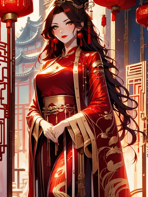 score_9, score_8_up, score_7_up, score_6_up, score_5_up, score_4_up, Xian Mei, golden eyes, red curly hair, tied hair, hair in a bun, hairpin, traditional Chinese red wedding hanfu dress, Yourqipao Red Embroidery Chinese Xiuhe Hanfu Womens Satin Cheongsam ...