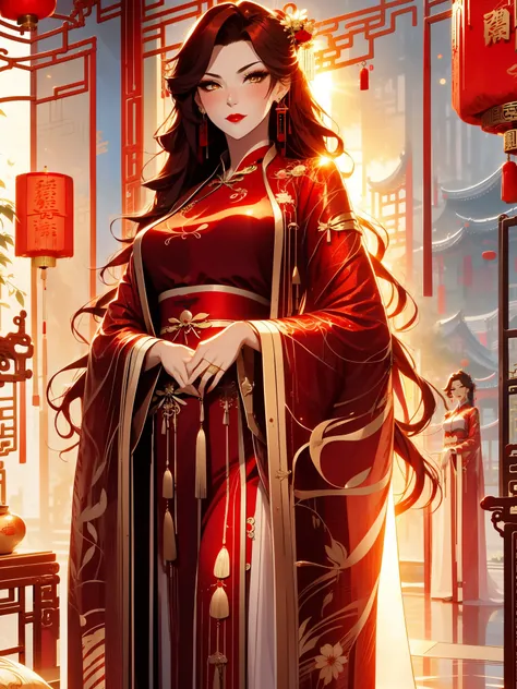 score_9, score_8_up, score_7_up, score_6_up, score_5_up, score_4_up, Xian Mei, golden eyes, red curly hair, tied hair, hair in a bun, hairpin, traditional Chinese red wedding hanfu dress, Yourqipao Red Embroidery Chinese Xiuhe Hanfu Womens Satin Cheongsam ...