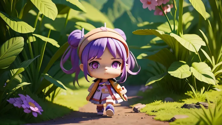 There is a poster with a cartoon character in a hat and backpack, purple hair with pigtails, female explorer mini cute girl, walking in the wilderness, purple frilly dress, flower jungle, animation style rendering, cute 3 D rendering, small characters. Unr...