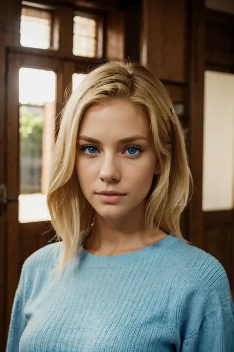 blond woman with blue eyes, standing looking at the camera ,hype realistic