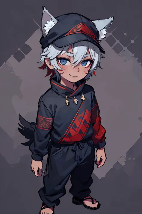 1 man,(chibi),(((full body))),((standing)),wolf ear,(black color cap),dove gray hair,detailed eyes,green background,half-closed eyes,asian,dark-skinned male,undisturbed clothing,sleepy,(((Red patterned makeup on the face))),black Triangular makeup on the f...