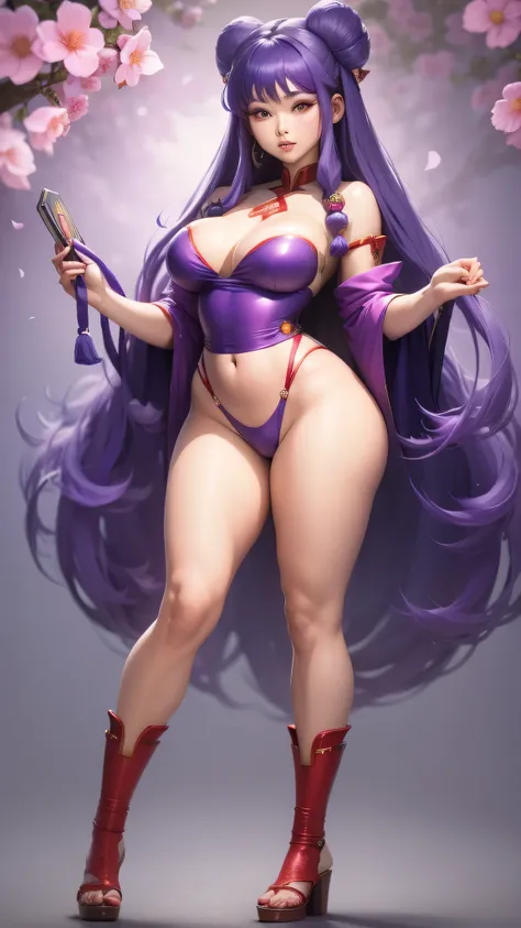 Shampoo beautiful with her red Asian outfit with big breasts and big hips small waist full body purple hair very close to her screen 