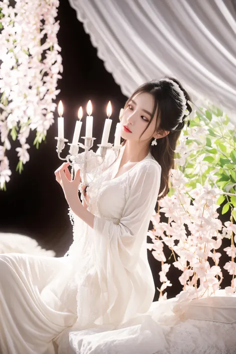 araffe woman in a white dress sitting on a bed with a candelier, ethereal lighting - h 0, palace ， a girl in hanfu, white hanfu, ethereal beauty, soft ethereal lighting, ethereal fantasy, ethereal fairytale, a stunning young ethereal figure, dreamy atmosph...