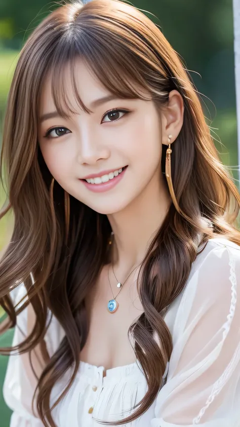 Ultra-high resolution, Superior Quality, Highest quality, Very detailed, Realistic, 8k, RAW Photos, Highest quality, masterpiece, Attractive girl, Awesome girl, Light brown hair、Wavy Hair、 hairstyle semi long、Mesh Hair, Japanese Idols, ear piercing、Necklac...