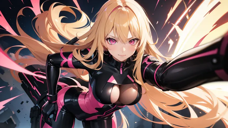 (((Adult woman))), pink eyes, (long blonde hair), black-pink plugsuit, smirk, attacking