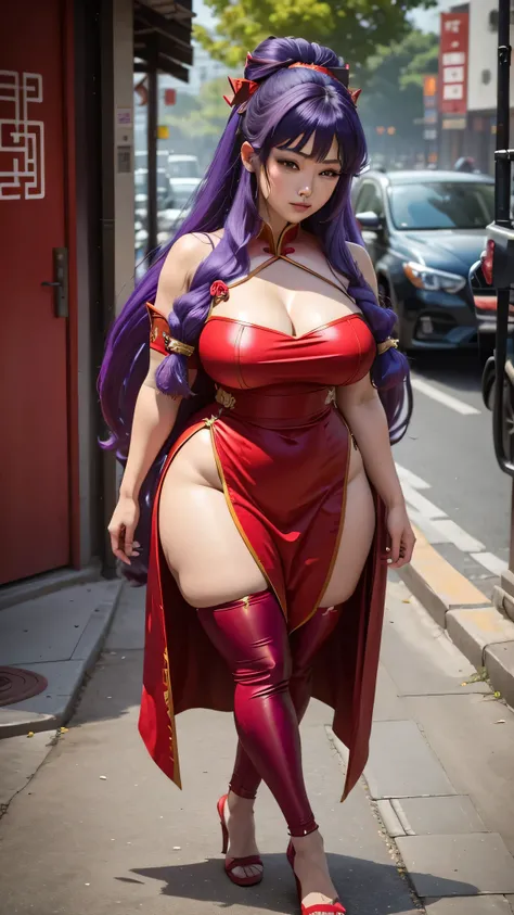 Beautiful Shampoo in her red Asian outfit with big breasts and big hips, small waist, full body, purple hair, very close to the screen. 