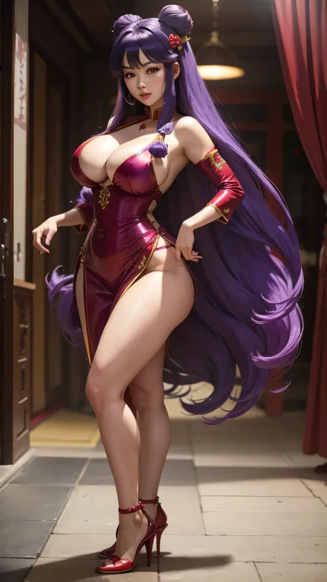 Beautiful Shampoo in her red Asian outfit with big breasts and big hips, small waist, full body, purple hair, very close to the screen. 