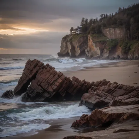 sunset, dusk, twilight.

Detailed Description of the Sea Area at the Coast of British Columbia
The coast of British Columbia, renowned for its rugged beauty, features a diverse and dramatic landscape. Along the shoreline, massive boulders and rocky outcrop...