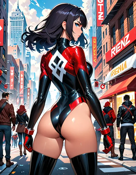 anime girl in a red and black suit standing on a city street, extremely detailed artgerm, style artgerm, style ivan talavera and artgerm, krenz cushart and artgerm, range murata and artgerm, artgerm style, in the style artgerm, ig model | artgerm, artgerm ...