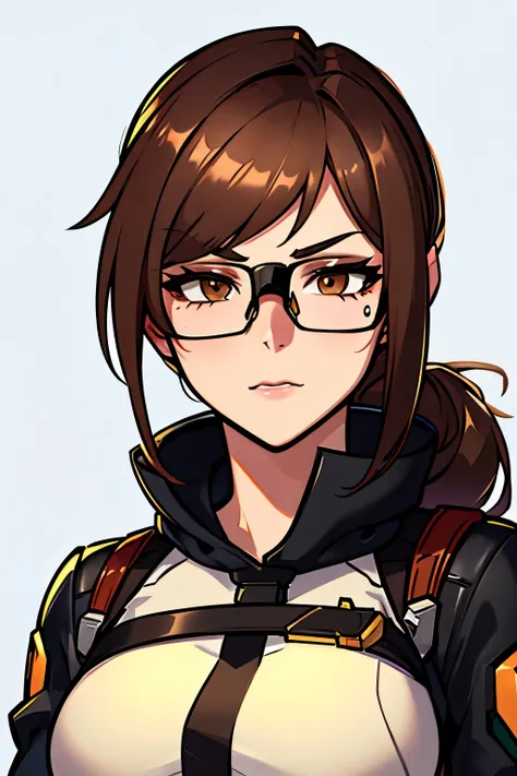 mercy from overwatch with brown hair and black glasses perfil face 