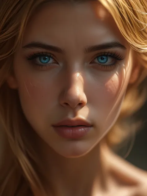 (((ultra realistic))) A close up Photo, masterpiece, top quality, (Ultra detailed face and eyes:1.3), 1 girl, astonishing beauty, (special attention to skin detail: 1.2), Ultra detailed eyes, Erotic atmosphere, beautiful golden flowy hair, strong jaw line...