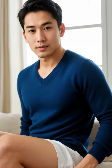 Handsome Asian man in blue sweater masturbating