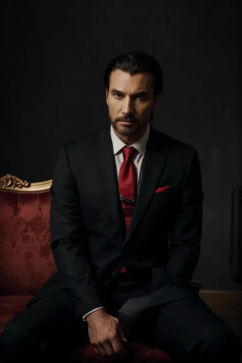 An evil man wearing a black suit and red tie sits on a king&#39;s chair, a black background, and a lion in front of him