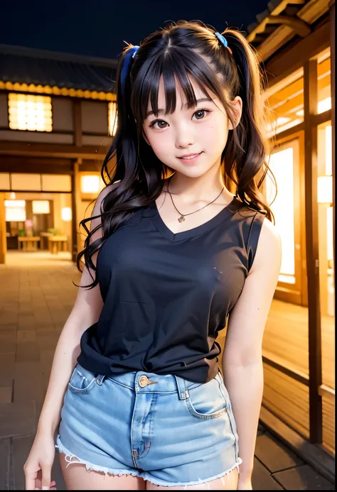 (Highest quality,masterpiece:1.3,Ultra-high resolution),(Very detailed、Caustics) (Realistic:1.4, RAW shooting、)Ultra-Realistic Capture、Very detailed、Natural skin texture、masterpiece、(Japanese elementary school girl wearing a sleeveless t-shirt and shorts:1...