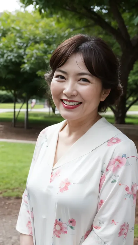 , Standing in the park, Wrinkles around the eyes, Smiling with teeth showing, Japanese painting, senior citizen, Draw lips correctly, Red lipstick, No discomfort, 16K, Highest quality, Very detailed, Realistic, Very detailed肌, (Japanese), (alone), 100 year...