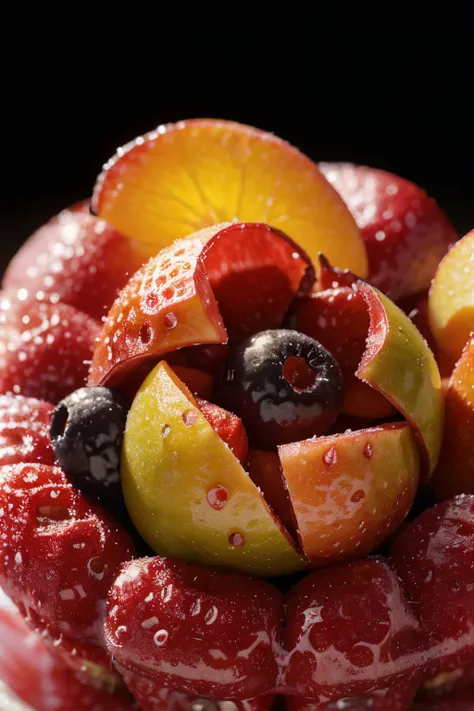 a frozen berry fruit mix, strawberry, peach, high quality, detailed, 8k, photorealistic, masterpiece, vibrant colors, lush, studio lighting, macro shot, close up, sharp focus, depth of field