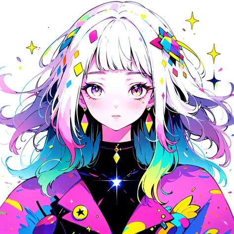 masterpiece, Highest Quality, expensive_quality, expensive_solve, masterpiece*Portrait, whitespace, colorful, One girl, alone, white_hair, prism hair, [pink|green] eye, Gradient Eye, multicolored eye, Shine eye, Shine, glitter, Shine white particles, Wind ...