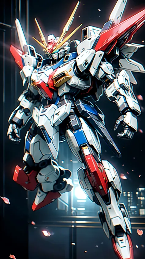 (masterpiece:1.5, best quality:1.5, extremely delicate:1.5), humanoid Mecha, fully enclosed shoulder guards, matching arm and leg guards, full body, full armor, the design balances heavy with agility, (the color scheme is primarily white with red and blue ...