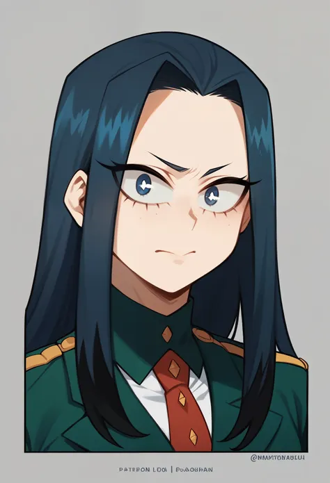 create a my hero academia-style girl, with straight navy blue hair with black highlights, grayish blue eyes, with a gray, green ...