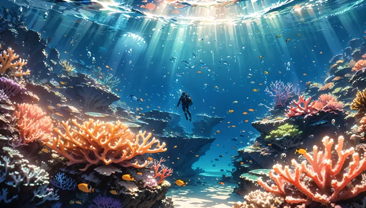 anime aestetics, anime scenery. underwater view. seascape, coral reef, view from above, huge light orange corals, purple corals, green corals at the backgroud, reef fish, depth of field, sparkle, ray tracing, reflection light, drop shadow, from above, wid...
