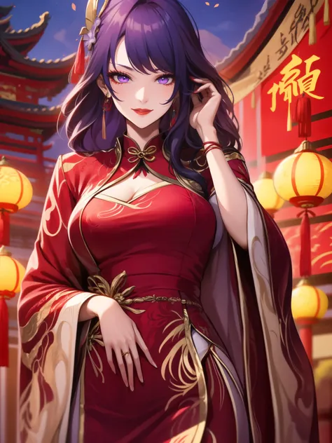score_9, score_8_up, score_7_up, score_6_up, score_5_up, score_4_up, Raiden shogun, purple eyes, purple long hair, tied hair, hair in a bun, hairpin, traditional Chinese red wedding hanfu dress, Yourqipao Red Embroidery Chinese Xiuhe Hanfu Womens Satin Che...
