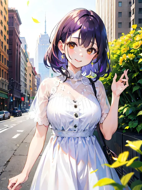 Woman, brown eyes, city, white dress with green flowers, mid hair, 8k, adult, dark purple hair, day, sexy, smiling, 30 years old, absurdres, highres, ultrasharp, 8k, masterpiece, looking at viewer