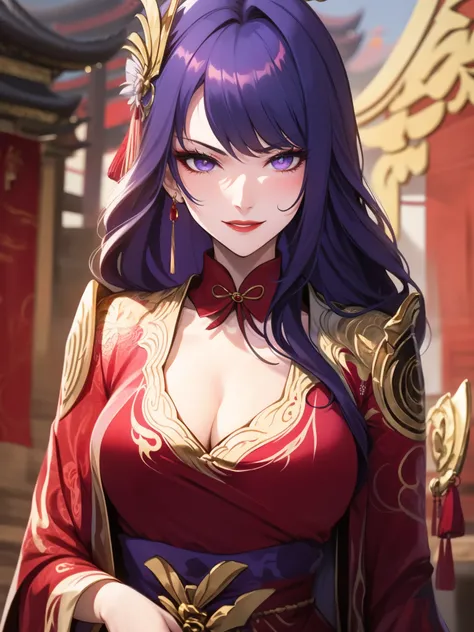 score_9, score_8_up, score_7_up, score_6_up, score_5_up, score_4_up, Raiden shogun, purple eyes, purple long hair, tied hair, hair in a bun, hairpin, traditional Chinese red wedding hanfu dress, Yourqipao Red Embroidery Chinese Xiuhe Hanfu Womens Satin Che...