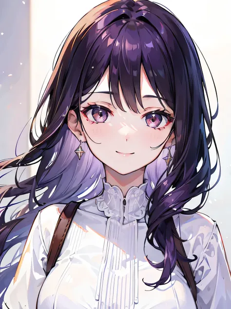 Woman, dark brown eyes, bresil city, white dress, mid hair, 8k, adult face, dark purple hair, day, smiling, absurdres, highres, ultrasharp, 8k, masterpiece, looking at viewer, tall, mature 