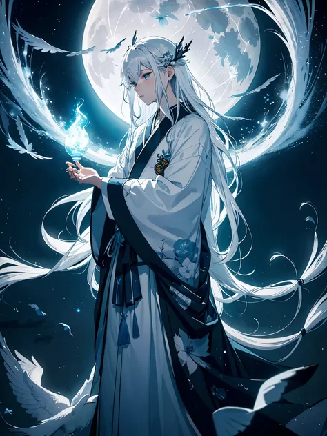 Kimono. White crows. Ghosts. lights. magical. Power animals. Spirit. King of the moon. Long hair. long white hair. aquatic, boy,  silver hair accessories, White hair, blue flowers. Blue lights. full moon. holy. 