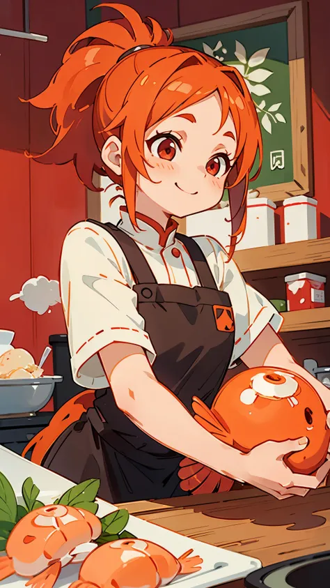 1 girl、anime painting、Cute shrimp woman cooking delicious food in the kitchen、Orange Hair、ponytail、Beautiful red eyes、smile、fun、Sharp contours、Background blur、Written boundary depth