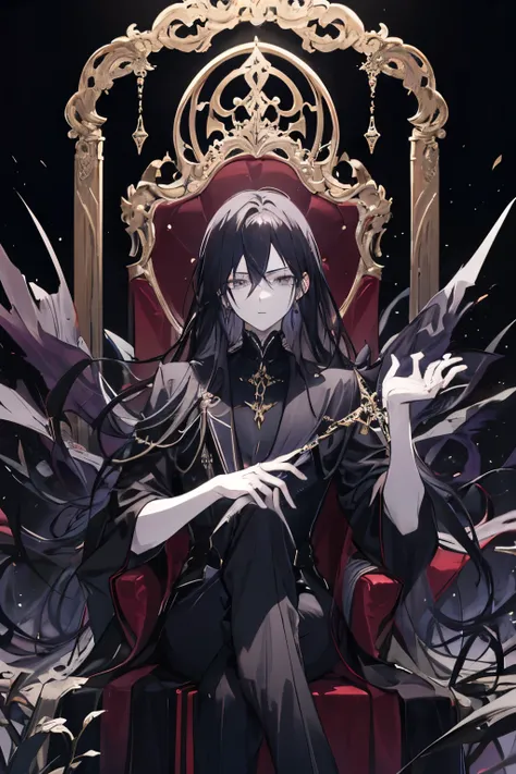 a very elegant boy from an anime , white skin, black hair, cold eyes, a calm appearance, elegant hair and perfect beauty. He is the king of the underworld and sits on his throne in underworld, dark background .your hair is voluminous on top, but it is a no...