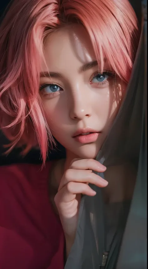 An anime girl transformed into a realistic character, the same realistic hairstyle, realistic, realistic pretty + cute face, realistic cool expression, customized clothes, realistic light, realistic shadows, realistic background, realistic big breasts ,cha...