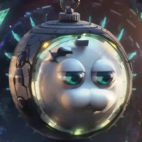 a robotic planet, round planet, with a white cats face, covered with gray metal armor, symbol on the armor, a cylindrical robot on its head, blue holographic spikes levitating around it, in a galaxy 