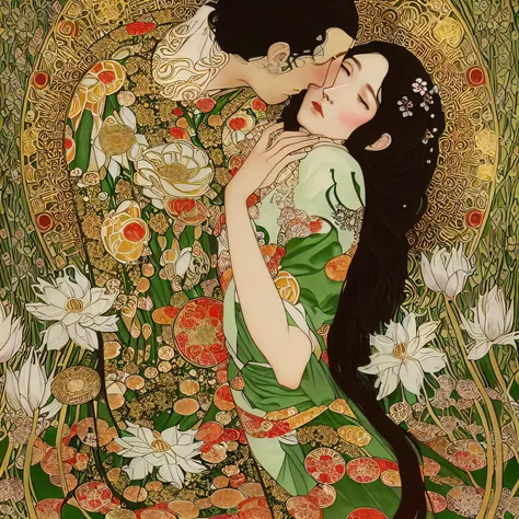 arafed woman in a kimono dress hugging a man in a field of flowers, mucha klimt and tom bagshaw, inspired by Takato Yamamoto, takato yamamoto aesthetic, botticelli and victo ngai, style of takato yamamoto, korean art nouveau anime, by Takato Yamamoto, insp...