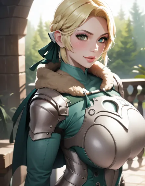 warIngrid, short hair, hair ribbons, shoulder armor, armor, breastplate 2.0, breastplate 2.0, underbust 2.0, green coat, fur trim, vambraces, blue gloves, green cape, (masterpiece, best quality, ultra-detailed), realistic style, very close up shot 2.0, gar...