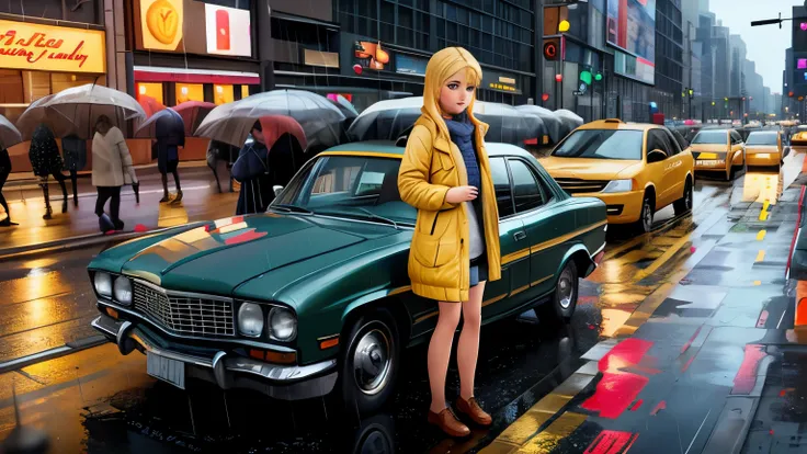 American beautiful blonde girl stands in the middle of a busy road, front view, A lot of cars, cars are moving, yellow taxi, night, rain, фото Canon 5d (high quality, realistic photo, Ultra detail)
