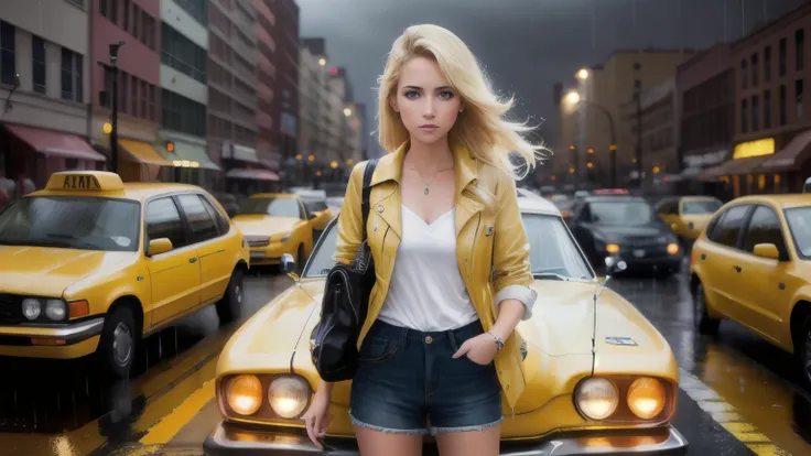 American beautiful blonde girl stands in the middle of a busy road, front view, there are a lot of cars around, cars are moving, yellow taxi, night, rain, фото Canon 5d (high quality, realistic photo, Ultra detail)
