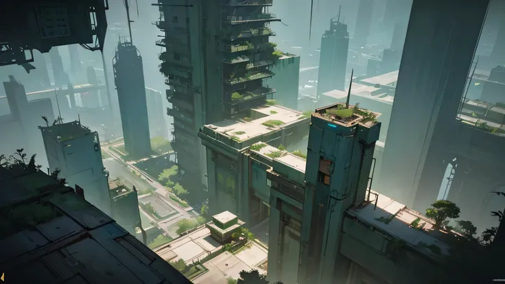 An abandoned futuristic city covered in vegetation, cyberpunk style, aerial view, dystopian and overgrown plants, ruined architecture, neon lights, moody lighting, dramatic shadows, soft color palette, cinematic composition, high quality, 8k, hyper-detaile...