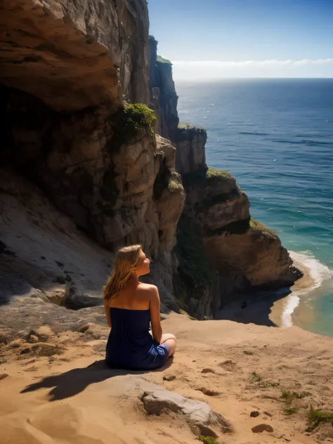 Down the steep cliffside path, where the rugged limestone meets the sandy shore of a Mediterranean beach near Marseille, a woman reclines on a towel, her arms comfortably stretched back, gazing up at the towering cliffs above.

The scene is bathed in the w...