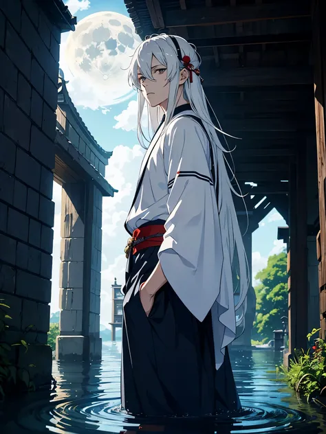 Blauer Mond. Roter Kimono. Rote Blumen. Japanisches Tor. Tori. Blue wolf. Kimono. . More anime. light blue light. Bright bright light. male. Long hair. long white hair. aquatic, boy, God of the Moon, silver hair accessories, White hair. 