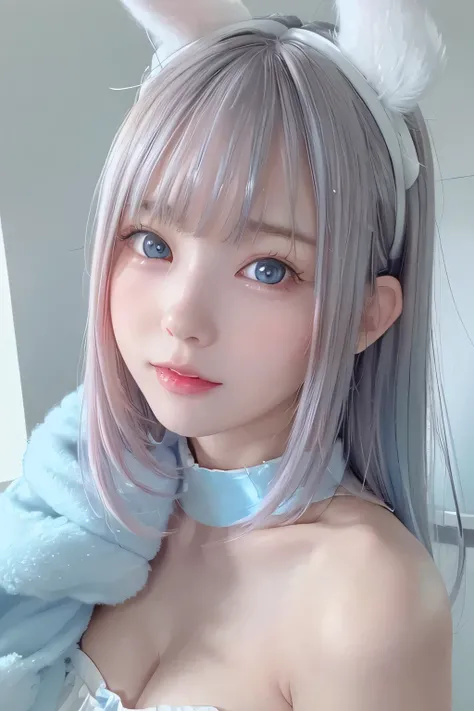 (8k、Highest quality、masterpiece、 Ultra-high resolution)、(Headshot closeup:1.4)、１girl、cute、Idol face、Baby Face、(slim、Flat Body:1.34)、(10 years old), Bedroom, pastel colour,(Fluffy light blue bunny ears:1.2), , Silver long hair, Stuffed rabbit, Bright lighti...