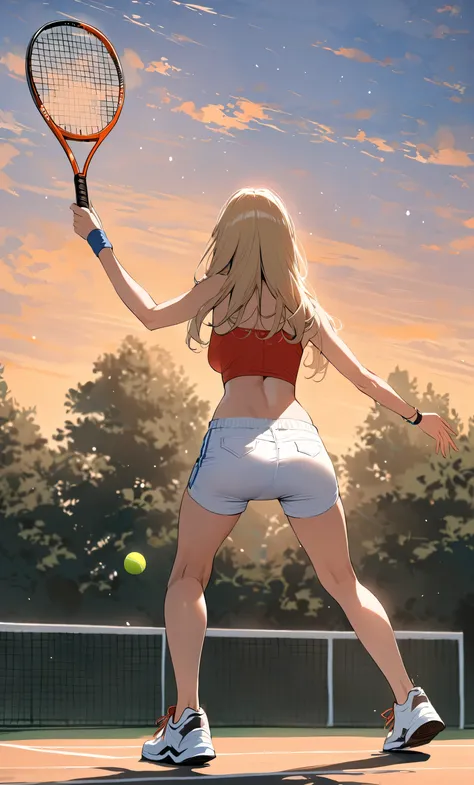 Masterpiece, best quality, blonde woman in white shorts and red crop top, paying tennis, from behind, tennis racket , tennis court, long legs, big ass