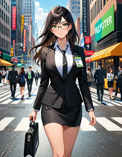 (masterpiece), (best quality), (high res), 1lady, tall body, beautiful detailed eyes, beautiful detailed face, glasses, confident look, perfect hands, complete fingers, perfect anatomy, perfect proportions, ((jet black hair, medium hair, hair down)), ((gre...