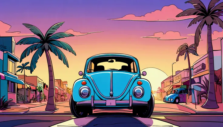 ((Sticker design)), Volkswagen Type 1　beetle, Sunset background, Palm tree, Layers with 5 colors, Corner Street, Belek&#39;s Drums, Plethean, 